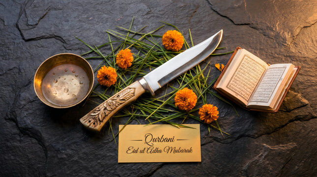 Traditional ceremonial knife marigold flowers open Quran Qurbani Eid ul Adha Mubarak symbolic flat lay dark stone 2026