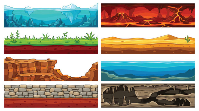 Cartoon Game Environment Platform Background Collection with Ice Lava Grass Desert Ocean Cave and Stone Terrain Layers for Side Scroller Level Designs.