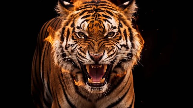 Tiger fire fierce animal face with flames intense power wildlife scene