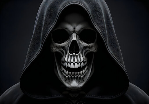 Creepy grim reaper with a skull face wearing a dark hood in a scary pixel art style graphic design