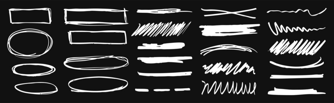 Hand drawn doodle scribble elements with sketch circles, frames, highlights and marker strokes. Abstract white brush lines on black background for notes and design accents. Creative vector set.