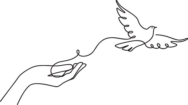 Continuous one line hand releasing flying dove illustration with elegant minimal abstract contour design. Symbolic peace and freedom vector artwork for charity, spirituality and wellness branding. Mod