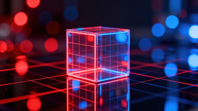 Neon cube on reflective surface