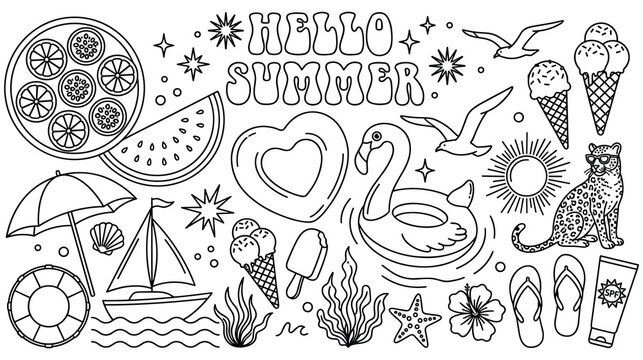 Hello summer doodle set with beach icons and tropical elements.