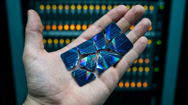 A hand holding broken pieces of a holographic cd in front of computer server