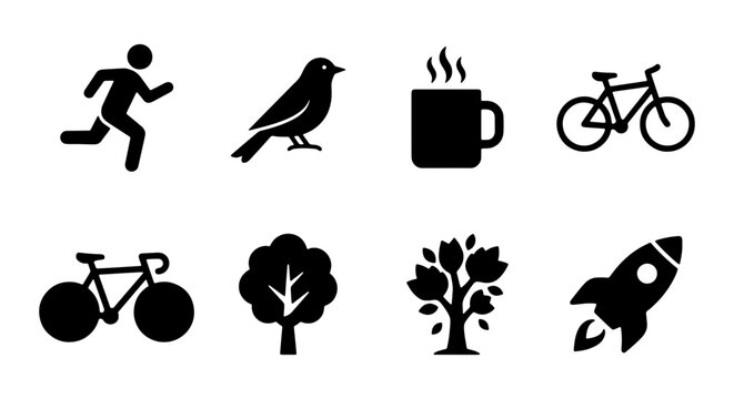 Simple Black Icons: Runner, Bird, Coffee, Bicycle, Tree, Rocket, Vector Set