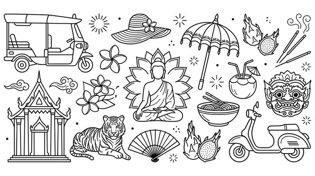 Traditional thai culture icons featuring landmark food and objects.