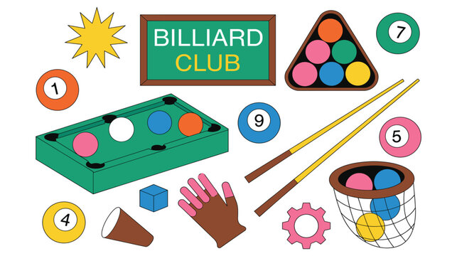 Billiard game collection with pool table cues balls and accessories.