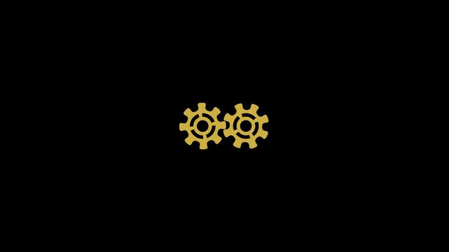 Two golden spinning gears animation with alpha channel background for industrial engineering mechanical movement and technical process concepts. 4K video animation