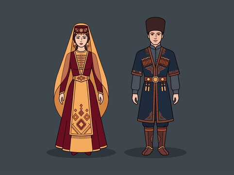 Traditional Caucasian Man and Woman in Folk Costumes - Georgian National Dress and Chokha Illustration