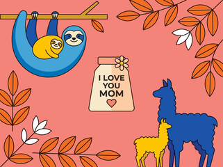 Fototapeta premium Happy Mother's Day Greeting Card Illustration Featuring Cute Sloth and Llama Families with I Love You Mom Text on Pink Background