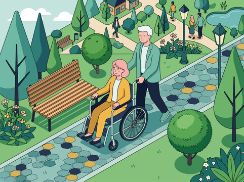 Senior Man Pushing a Woman in a Wheelchair Through a Public Park, Isometric Flat Vector Illustration of Accessibility, Disability, and Elderly Care