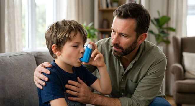 Father comforting son using asthma inhaler at home