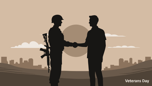 Soldier shaking hands with civilian in minimalist Veterans Day scene, patriotic military support illustration for remembrance events and community banners
