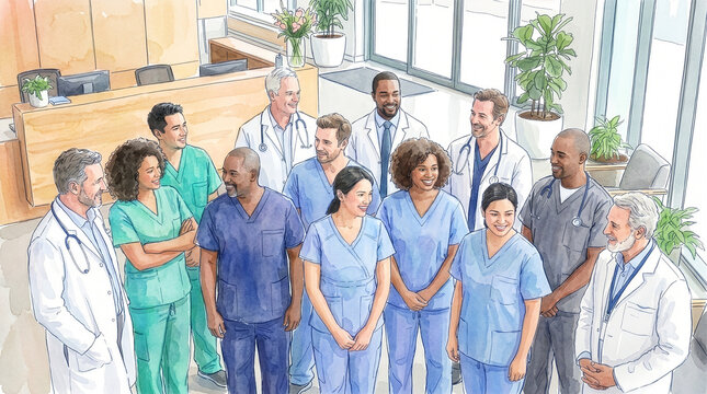 Healthcare ヘルスケア 176 Watercolor Illustration of a Diverse Healthcare Team Smiling in a Clinic Reception（クリニックの受付で笑顔を見せる多様な医療チームの水彩画イラスト）