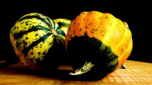 Close up of colorful ornamental gourds and pumpkins for autumn decoration
