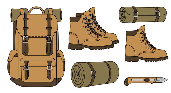 Essential Hiking and Camping Gear Collection - Backpack, Boots, Sleeping Bags, and Utility Knife.
