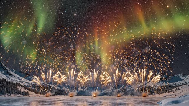 Fireworks display over snowy mountains with northern lights background