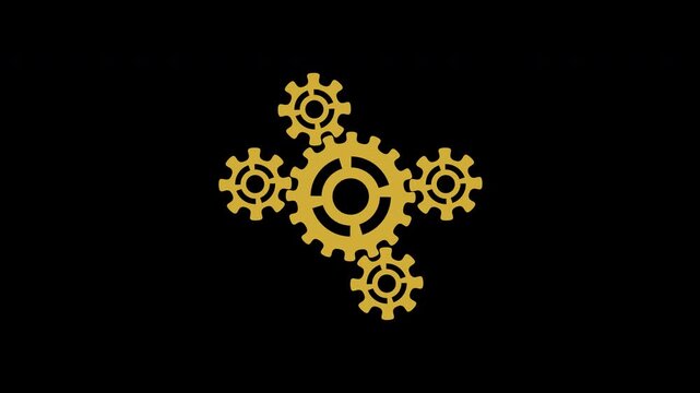 Golden spinning gears animation with alpha channel background representing mechanical motion engineering teamwork and industrial process concept for video. 4K video with alpha channel