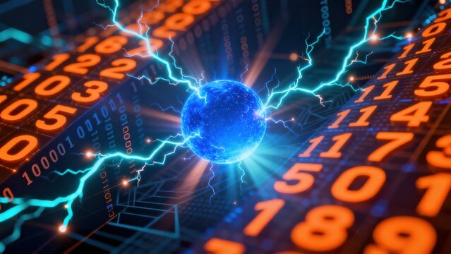 Digital sphere with lightning and numbers