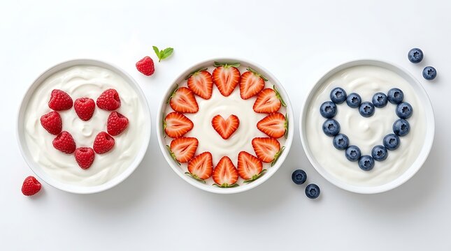 Tiga mangkuk yogurt berjejer menampilkan aneka buah beri berbentuk hati melambangkan pilihan ragam diet sehat