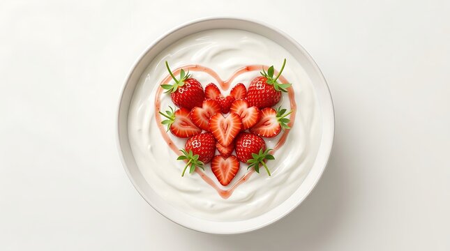 Yogurt putih lembut menampilkan irisan stroberi dan sirup berbentuk hati melambangkan kasih sayang yang manis