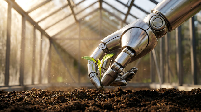 Robot hand planting a small green plant in soil in a greenhouse with a blurred background