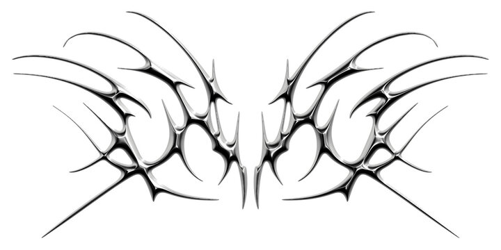 Chrome neo tribal shapes with cyber sigilism elements. Liquid metal Y2K abstract symmetrical tattoo design