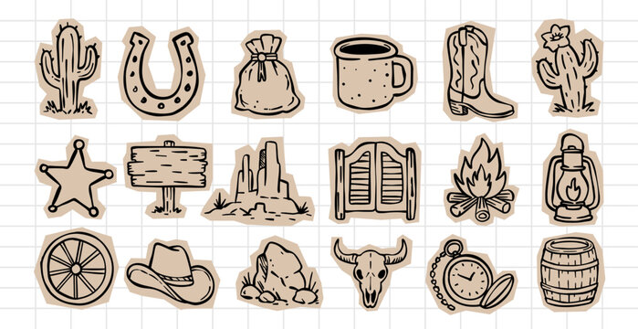 Vintage wild west scrapbook sticker set. Hand-drawn western doodle elements for journaling, planners, sublimations, t-shirt designs, and craft projects