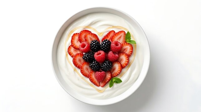 Sajian mangkok yogurt dengan beri berbentuk hati yang melambangkan gaya hidup sehat dan cinta nutrisi.