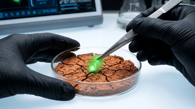 Gloved hands handling petri dish with cracked brown soil and green glowing object