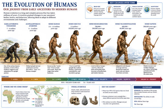 3D Human Evolution Infographic from Early Ancestors to Modern Humans