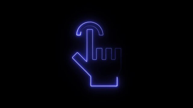 Neon glowing hand gesture touch icon a digital screen illuminated with bright purple lines on black