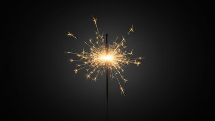 Fototapeta premium Bright burning sparkler firework with glowing golden sparks on dark black background.