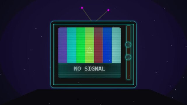 Animated retro style television displaying 'NO SIGNAL' message with color bars on a dark starry cosmic background, looping digital motion