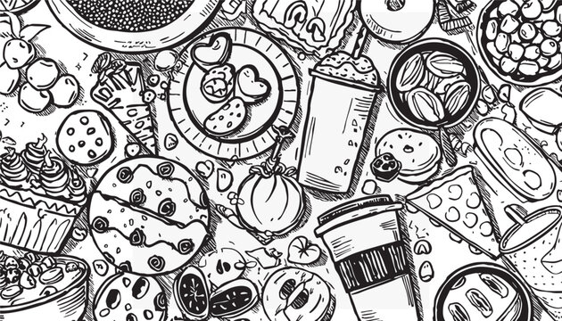 Fast Food Doodle Seamless Pattern Vector Hand Drawn Sketch Pizza Burger Coffee Drinks Sweets Line Art Background