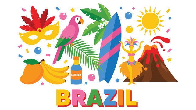 Brazil culture travel poster with traditional elements and attractions.