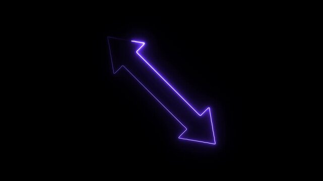 Neon glowing double headed arrow sign on black background an purple indicating direction or movement