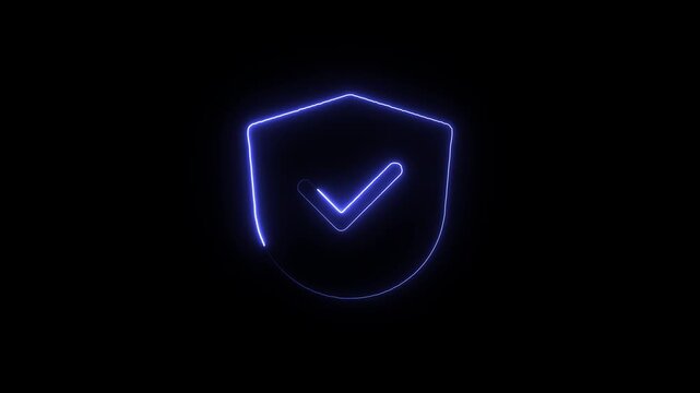 Neon glowing shield icon with checkmark symbol a purple featuring a centered checkmark, representing security
