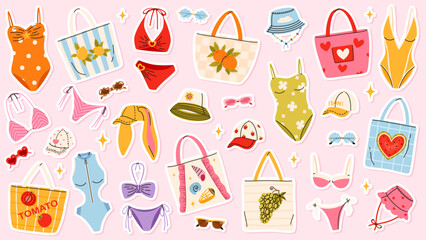 A cute collection of stickers featuring beachwear and accessories. Swimsuits, sunglasses, tote bags, and hats. Perfect for summer branding. © Kateryna Moskaleno