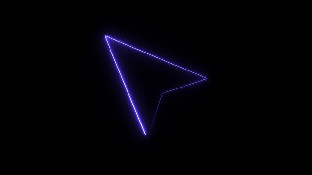 Glowing neon arrow cursor icon a blue light outline shaped like a computer mouse or navigation on dark background