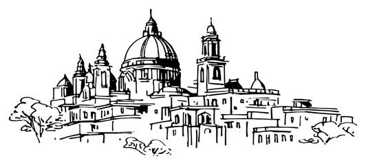 Italian old city skyline with grand dome cathedral and historic architecture sketch style © Celestynka