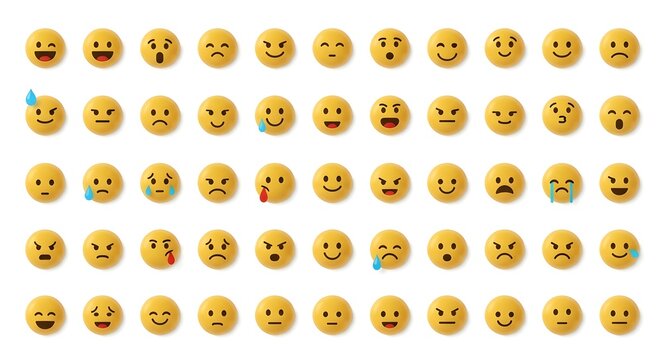 Collection of Various Emoji Faces Showing Emotions.