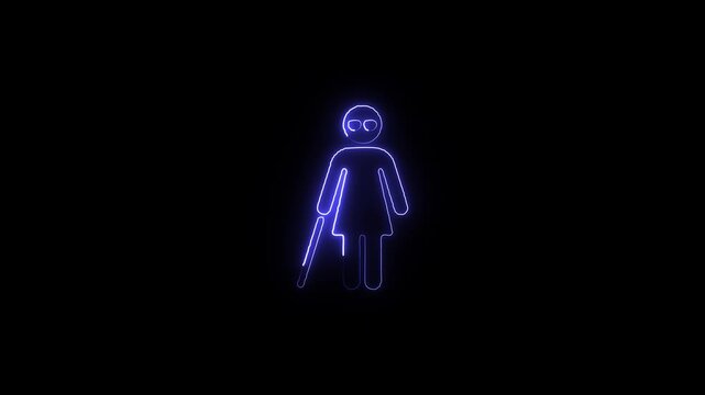 Neon light sign representing blind person using white cane a glowing blue depicting a stylized human figure