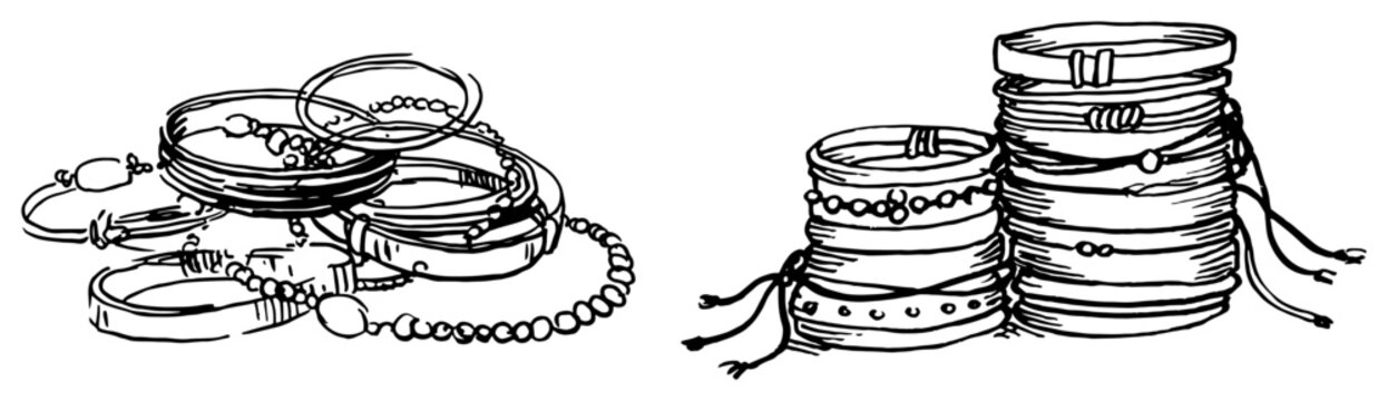 Jewelry collection of multiple bangles and beaded bracelets in hand drawn sketch style