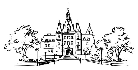 Historic castle with towers and lush park in black and white hand drawn sketch style © Celestynka