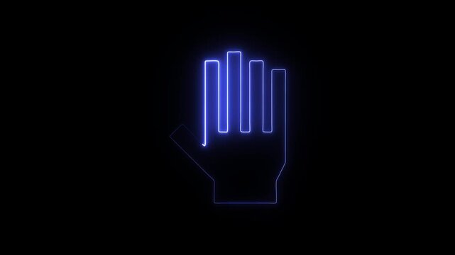 Neon blue outline of a human hand gesture icon a glowing graphic of an open palm isolated on solid black