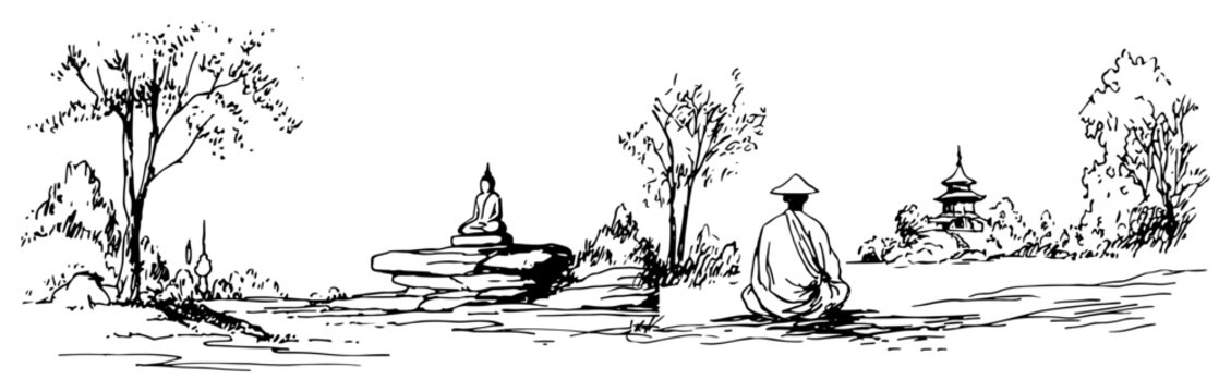 Zen garden landscape with meditating monk and buddha statue in minimalist hand drawn style