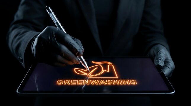 Person in gloves signs greenwashing on tablet screen.