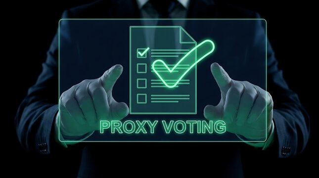 Person using futuristic interface for proxy voting with digital checklist and checkmark.